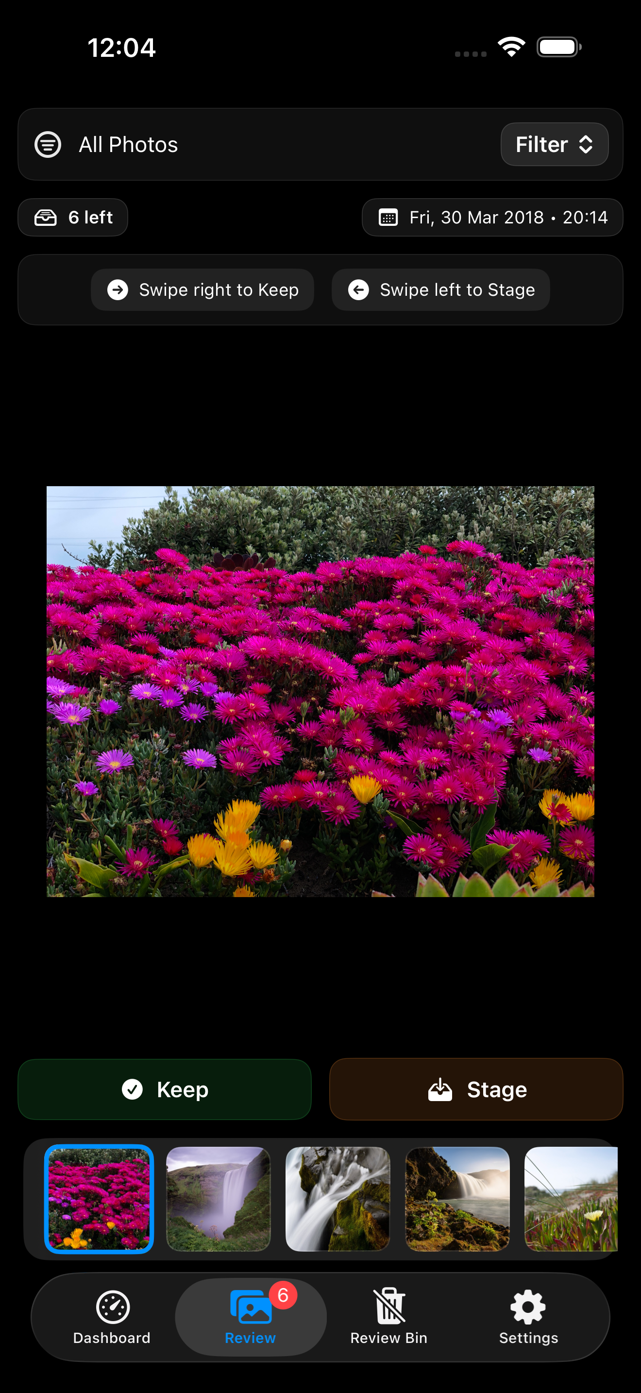 Review screen with filter bar and filmstrip